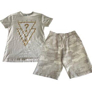 Guess Kids Beige T-Shirt & Shorts Set L (7) Logo Design Cotton & Polyester